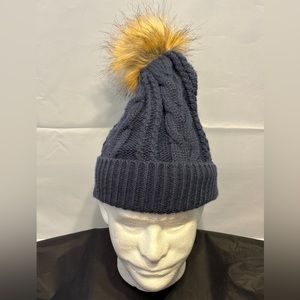 Cirque Women's Navy Fleece Lining Faux Fur Pom Pom Knit Ski Cap Beanie Hat OSFA